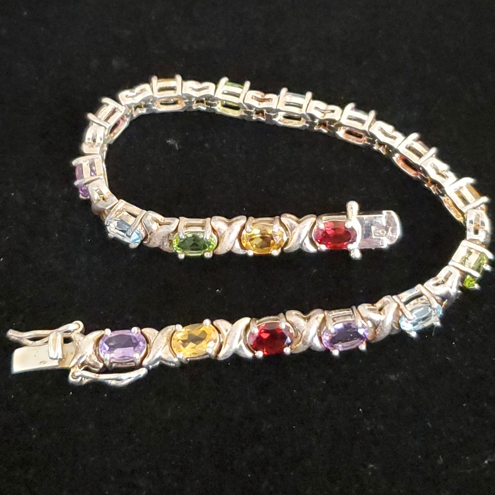 925 Sterling Silver Multi Gemstone Tennis Bracelet Overtone Vintage - Picture 11 of 15